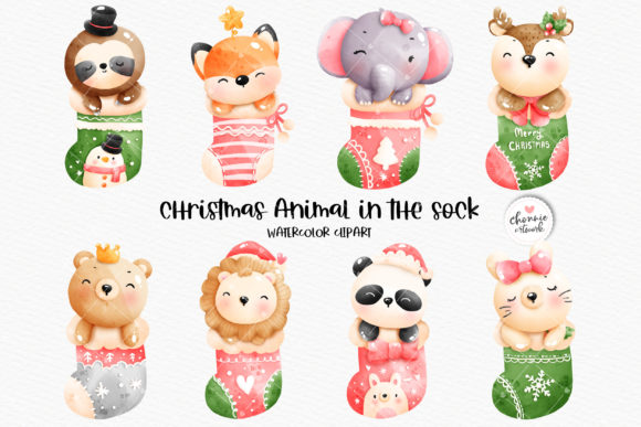 Christmas Animal in the Sock Clipart for Illustrations