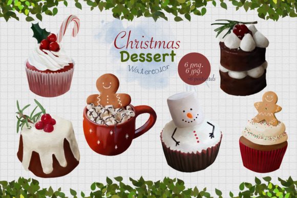 CHRISTMAS DESSERT Group Watercolor Illustrations