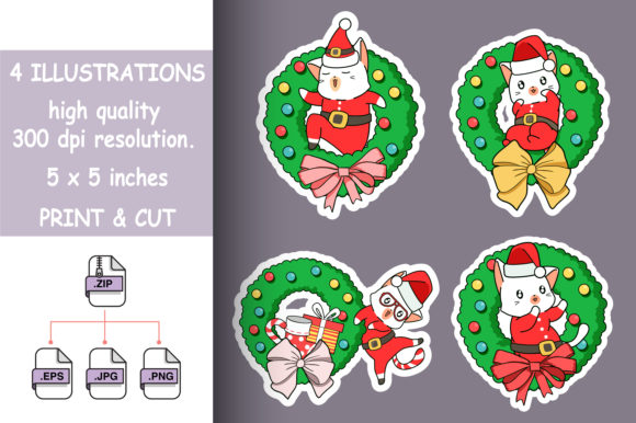 Santa Cat with Christmas Flower Badge Illustrations