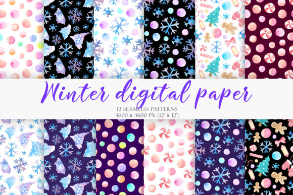 Set of Watercolor Winter Patterns Illustrations