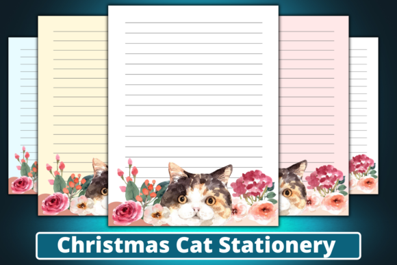 Watercolor Christmas Cat Stationery Set for Print Templates